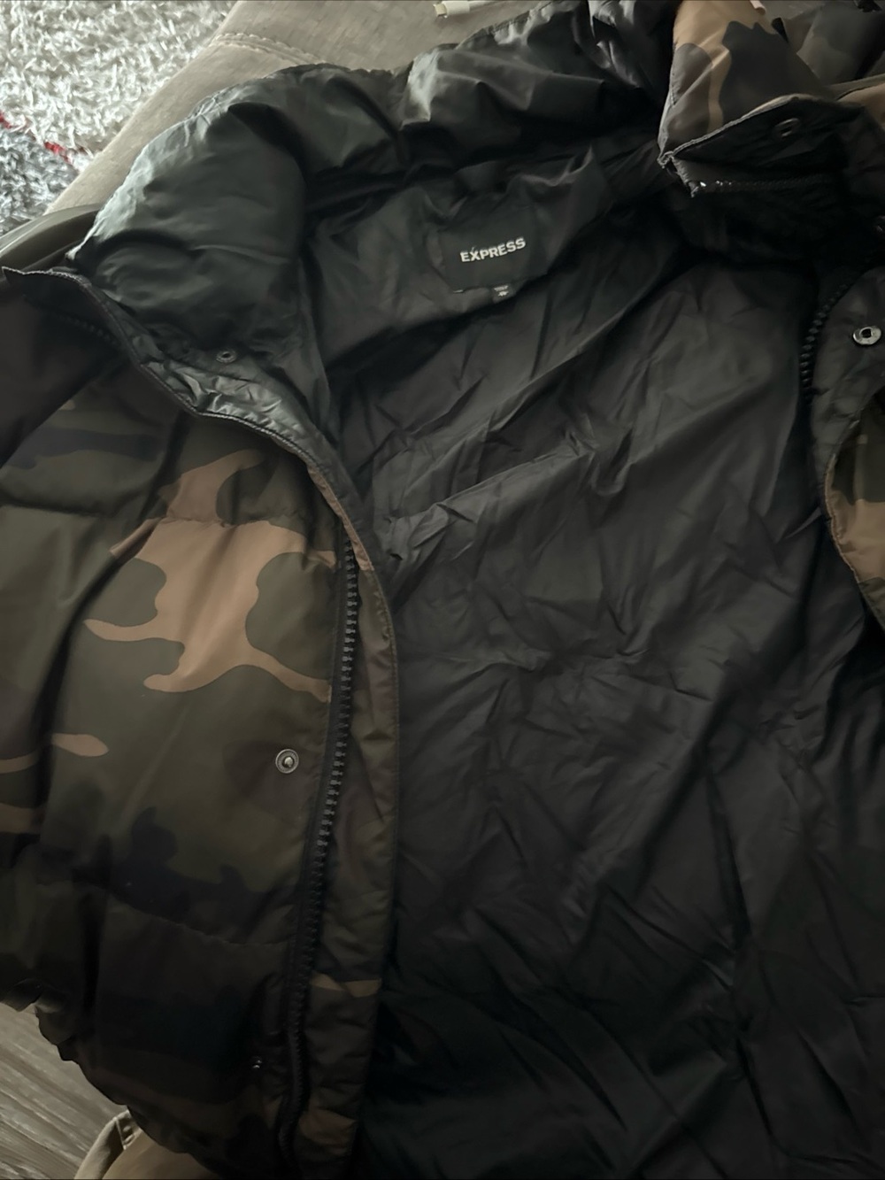 Express Men's Camouflage Puffer Jacket - Black & Olive